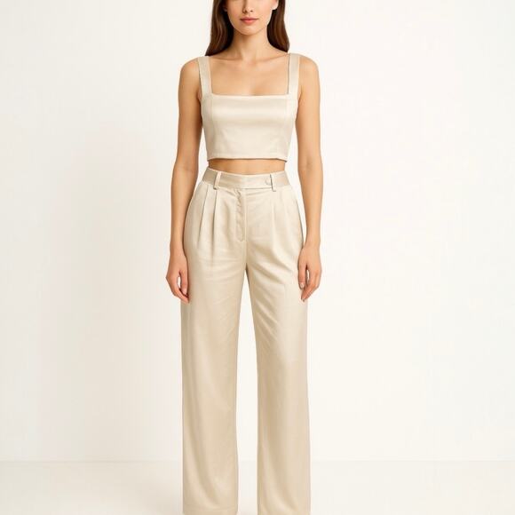 Princess Polly Cream Silky Satin Crop Top & WideLeg Trousers Matching Set Size 8 - Picture 1 of 7